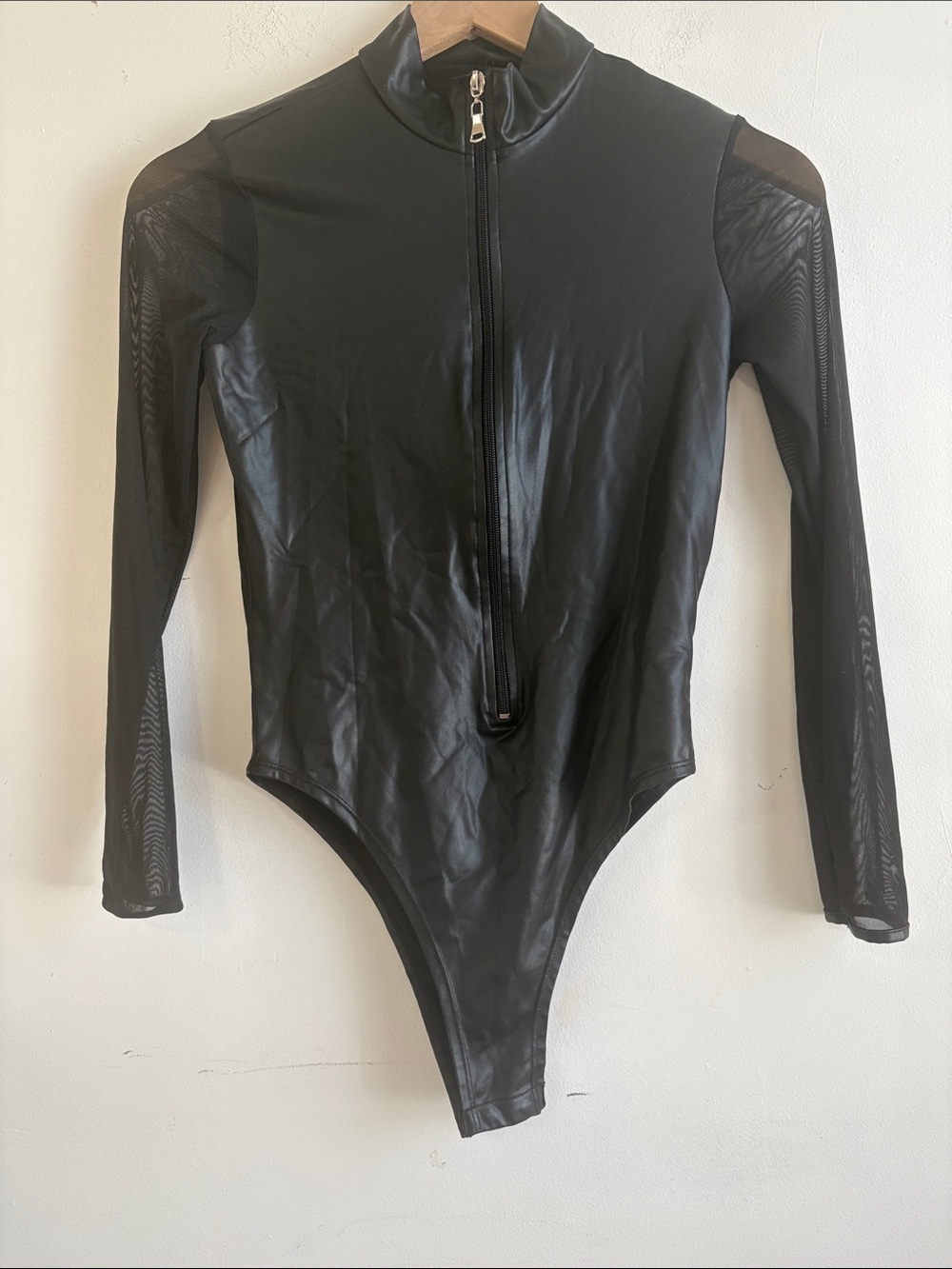 Black Zip-Front Long Sleeve Mesh-Panel Bodysuit